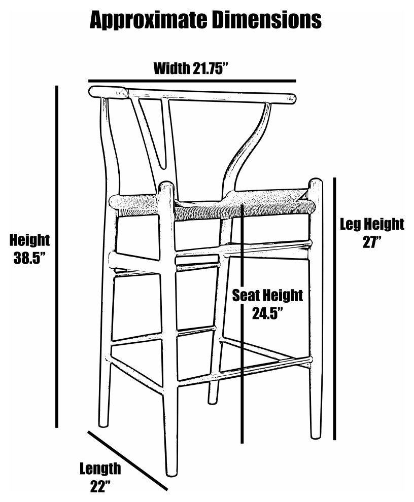 Set of 2 Wishbone Wood Elbow Barstool with Y Back, Woven Beige Seat, Espresso