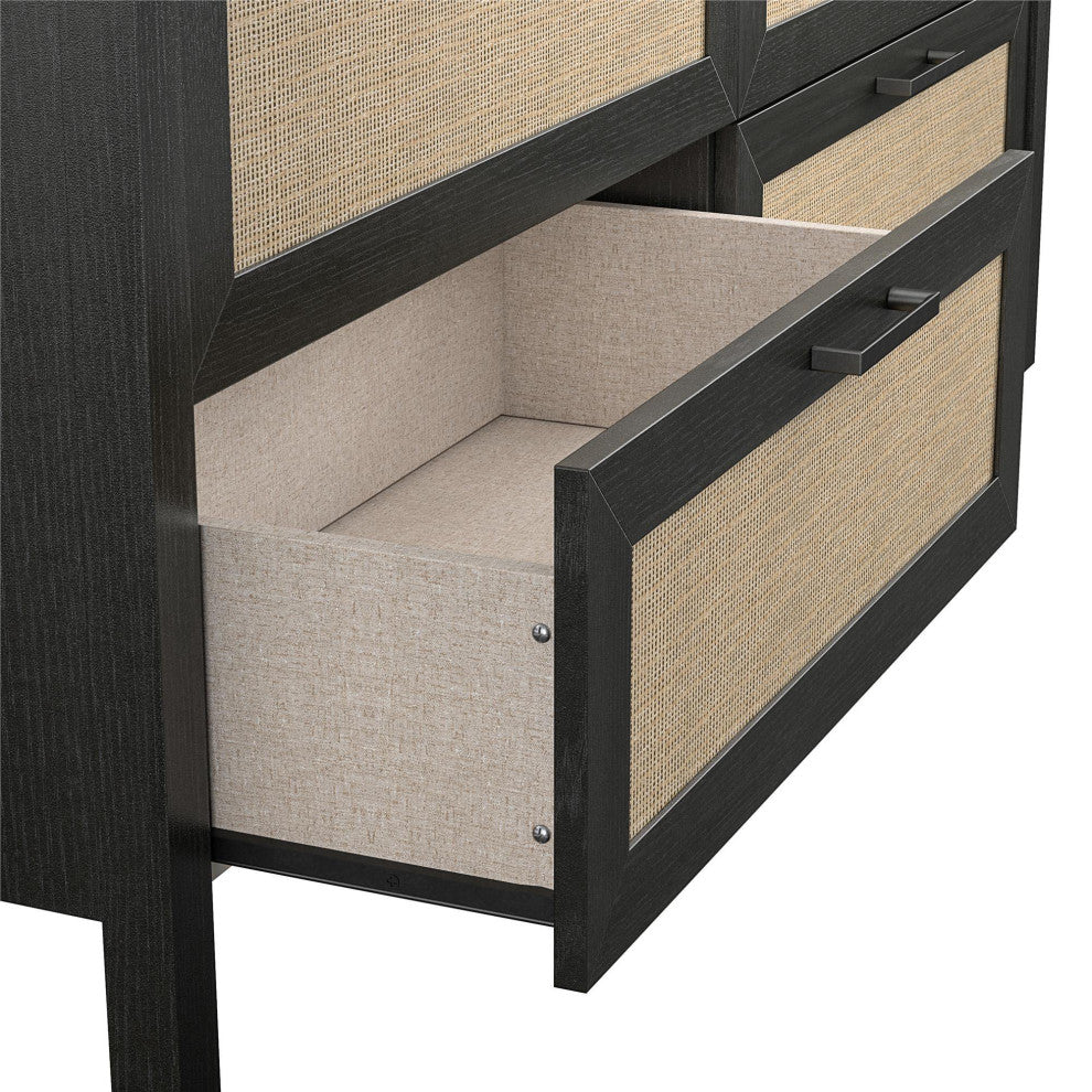 Transitional Dresser, 4 Rattan Front Drawers & 2 Wooden Front Drawers, Black Oak