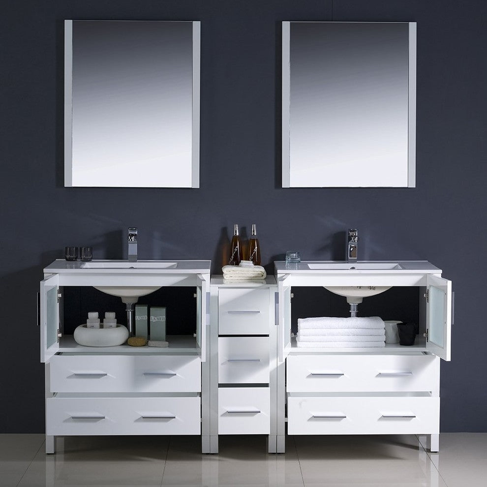 Torino 72" White Modern Double Sink Bathroom Vanity, Faucet FFT9151BN