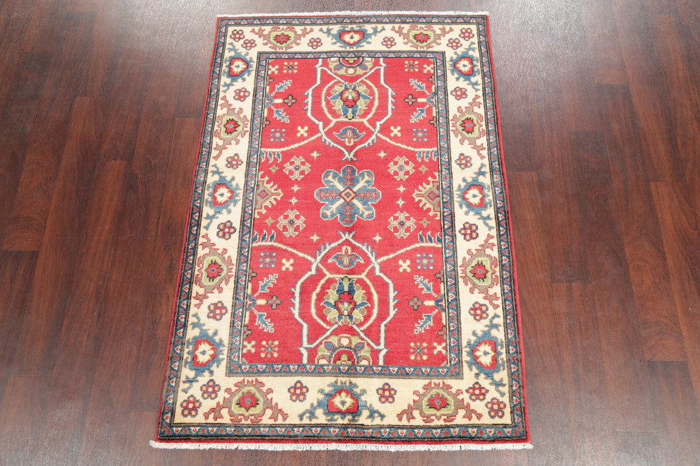Hand Made Kazak Oriental Traditional Pakistani Area Rug, Red, 5'1"x3'5