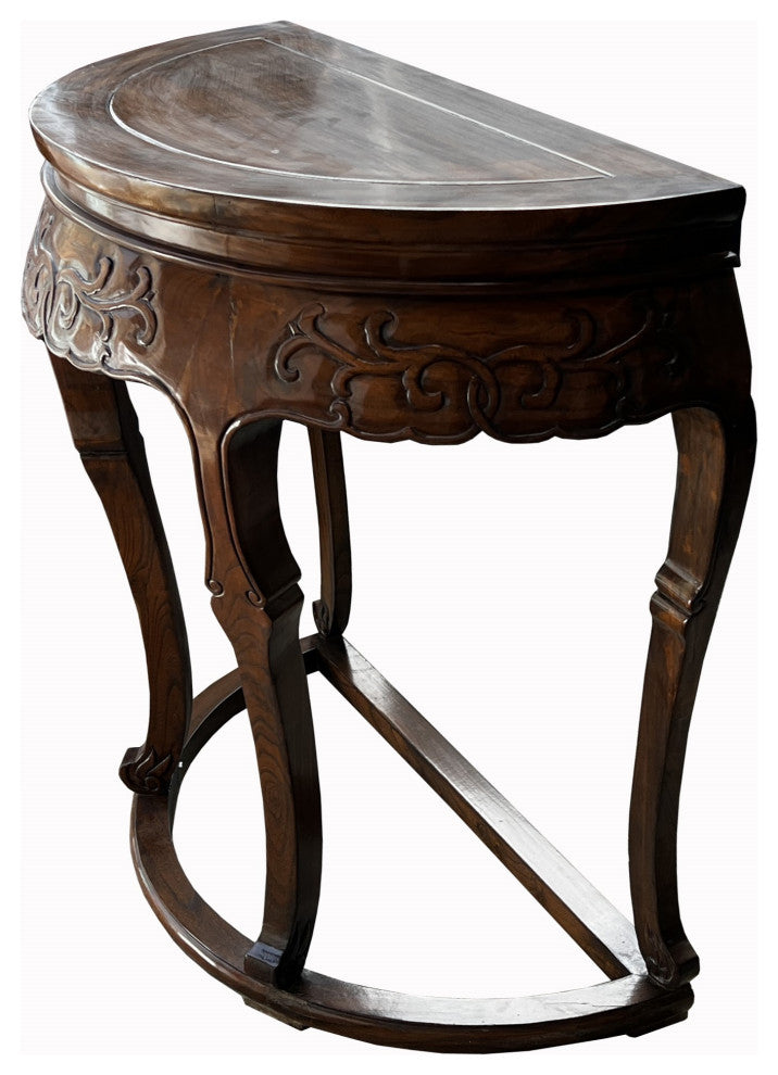 Vintage Chinese Brown Flower Carving Wood Half Round Pedestal Table Hcs7592