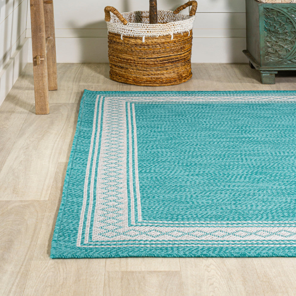 Lucia Classic Diamond Border Indoor/Outdoor Area Rug, Aqua/Light Gray, 8x10
