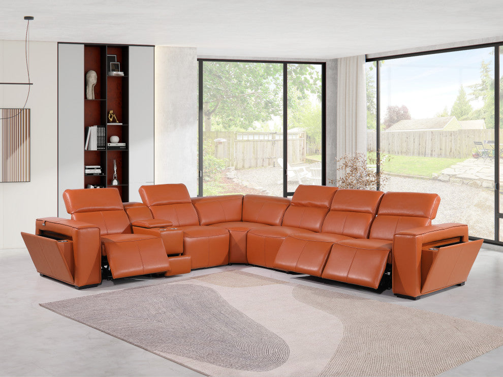 Niccolo Italian Leather 7-Piece L-Shaped Power Reclining Sectional, Camel