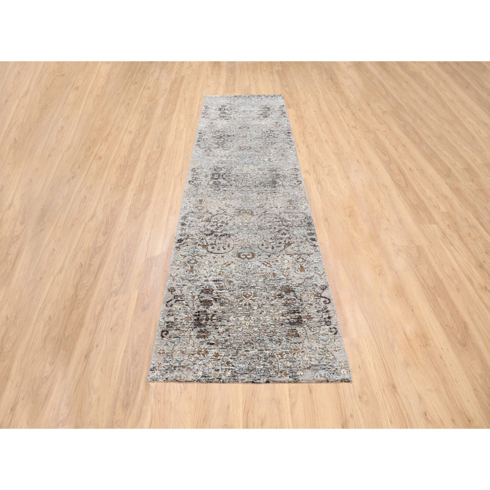Gray, Hand Knotted, Modern, Silk with Textured Wool, Runner, Rug, 2'6" x 10'0"