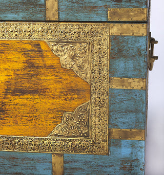 Nador Hand-Painted Brass Inlay Storage Trunk Coffee Table, Blue
