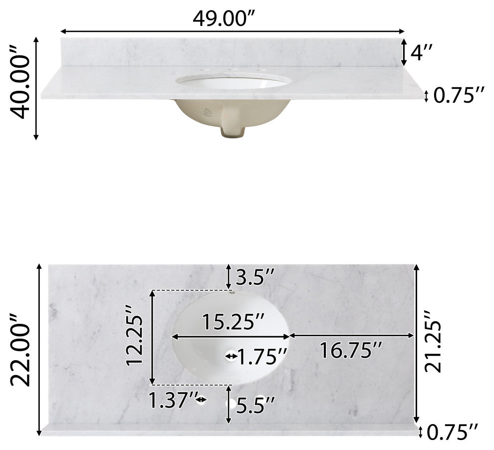 Lorent Contemporary Marble Countertop With Sink, 49 W X 22 D X 0.75 H