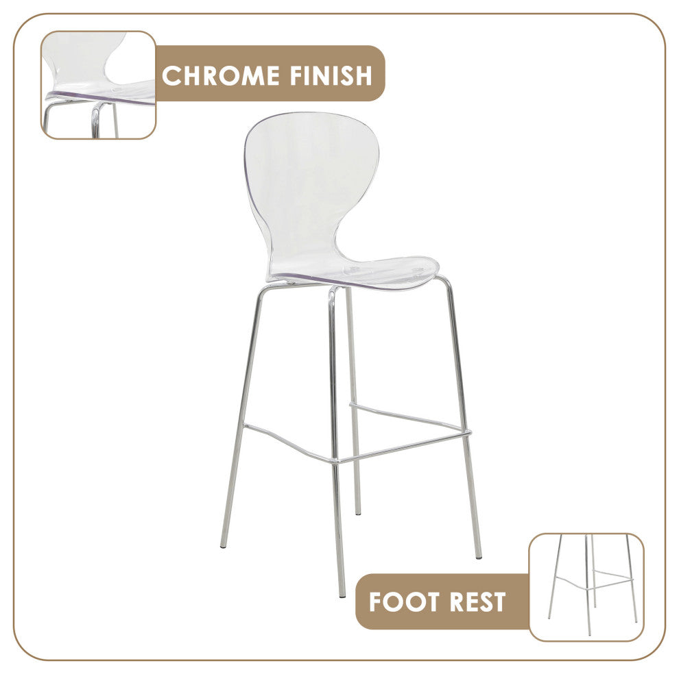 LeisureMod Oyster Acrylic Barstool With Steel Frame in Chrome Finish, Clear