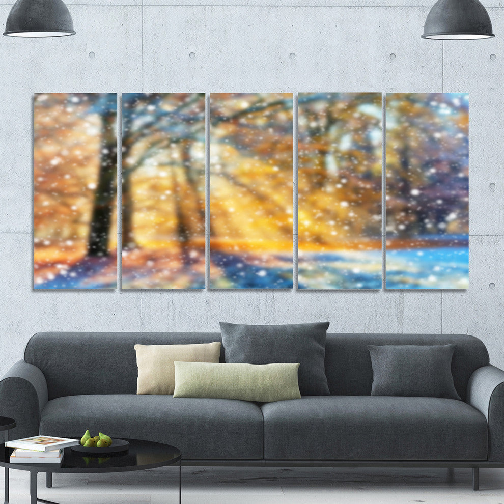 Blur Winter with Snow Flakes, Landscape Canvas Art Print, 60"x28", 5 Panels