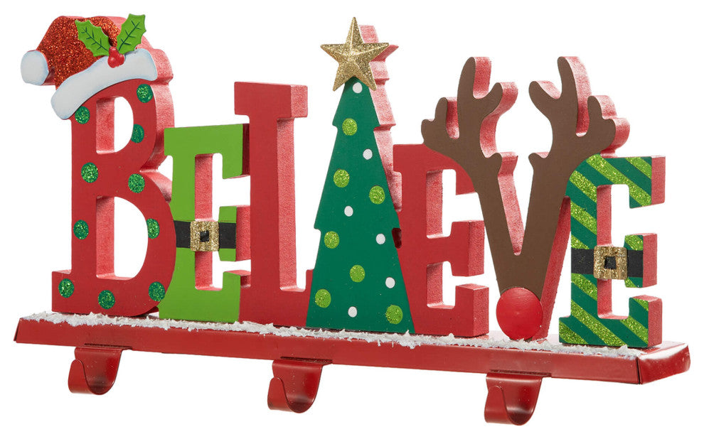 14.5"L Wooden/Metal "BELIEVE" Christmas Stocking Holder