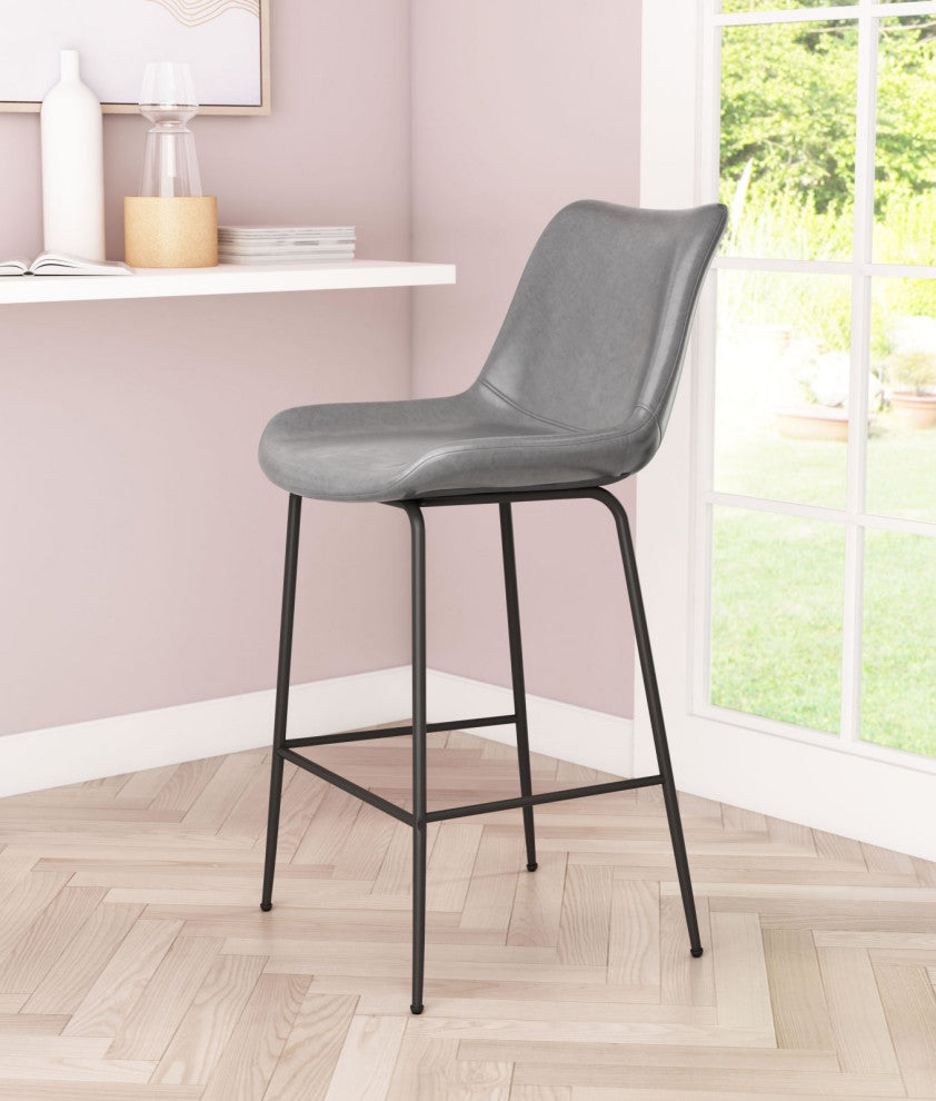 Counter Stool Chair, Faux Vinyl Leather, Steel, Gray, Black, Mid Century
