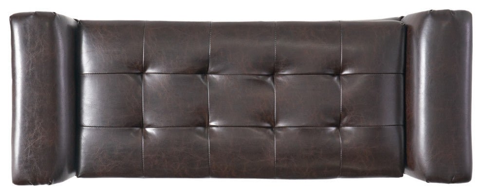 GDF Studio Arthur Armed Storage Ottoman Bench, Tufted Seat, Brown Leather