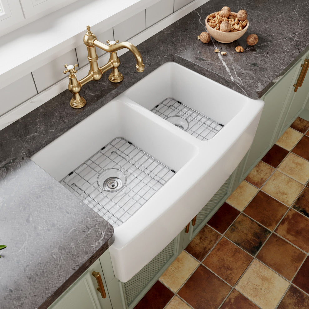 33" X 21" Double Basin Farmhouse Kitchen Sink with Sink Grid and Basket Strainer
