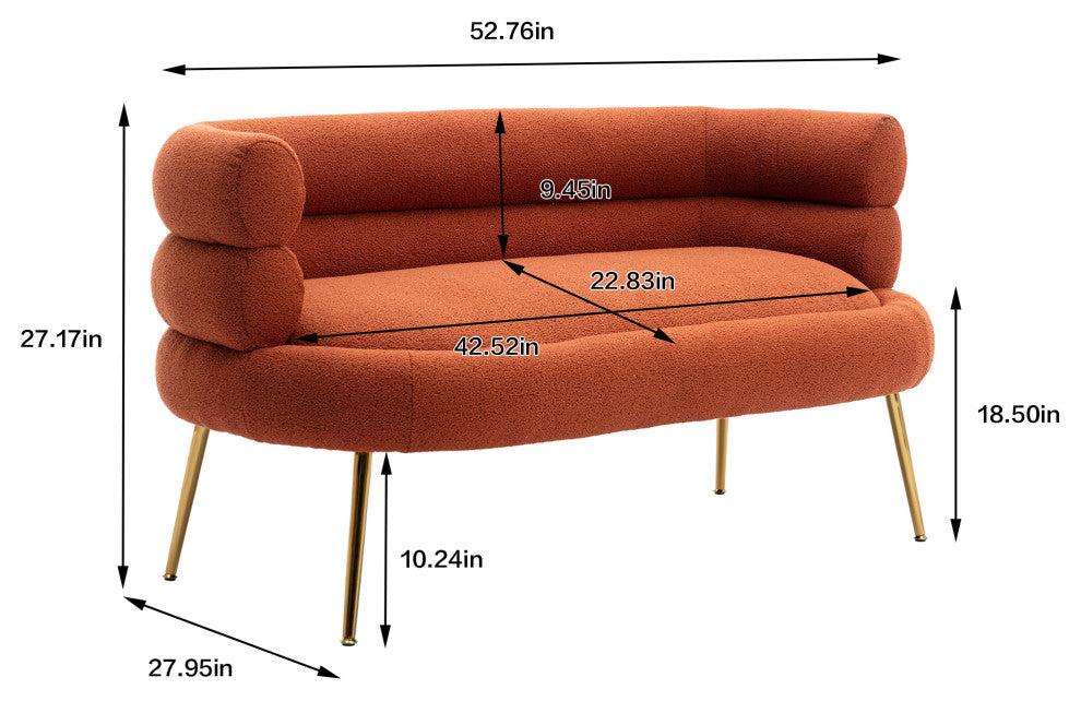 53" Round Arm Settee with Metal Legs, Orange, 53"