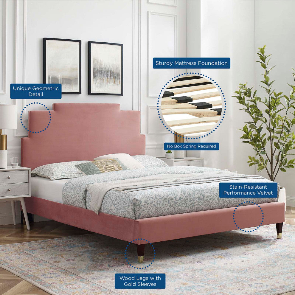 Platform Bed Frame, King Size, Velvet, Pink, Modern Contemporary, Bedroom Master
