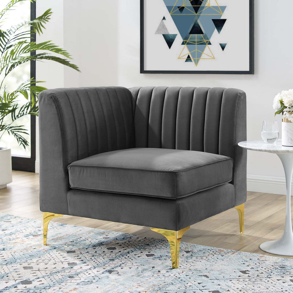 Tufted Sofa Corner Chair, Velvet, Gray, Modern, Living Lounge Hospitality