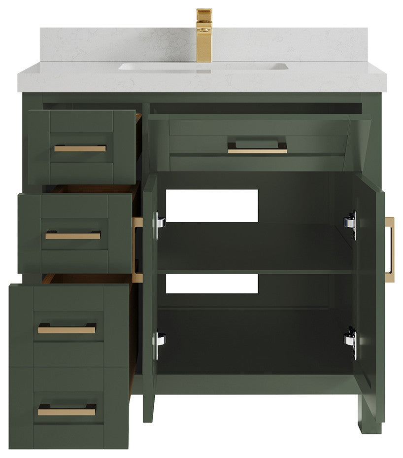 Cambridge 36 Center Sink Bath Vanity in Pewter Green 2" Carrara Quartz
