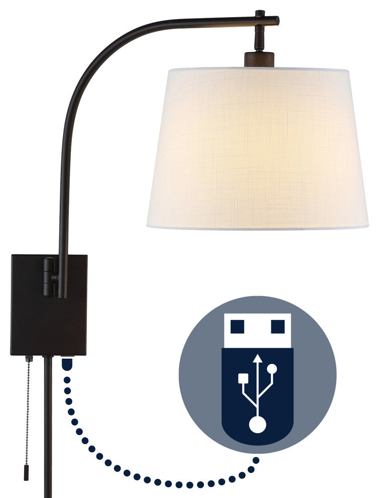 22.5" Plug-In/Hardwired Iron LED Swing Arm Wall Sconce Pull-Chain,USB,Bronze
