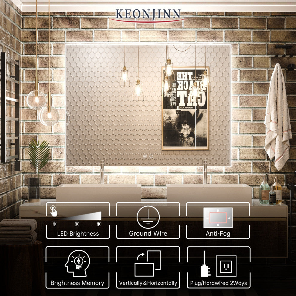 Backlit LED Mirror for Bathroom, Anti-Fog Dimmable, Silver, 48x36