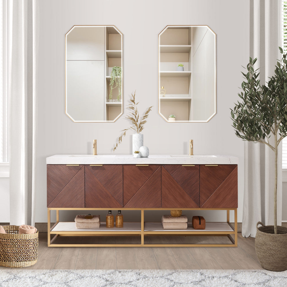 Mahon Bath Vanity, Stone Top, Brushed Gold Base, 72", Double Vanity, No Mirror