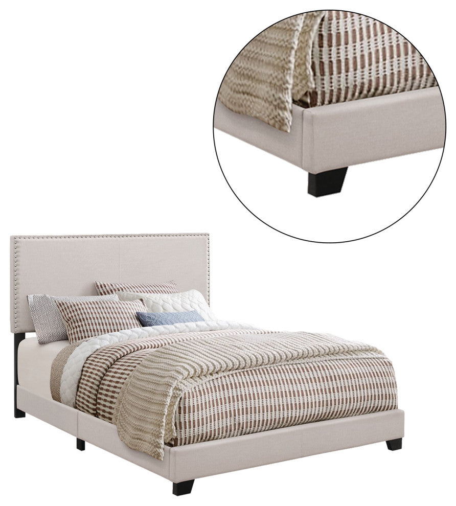 Twin Upholstered Bed With Nailhead Trim, Ivory