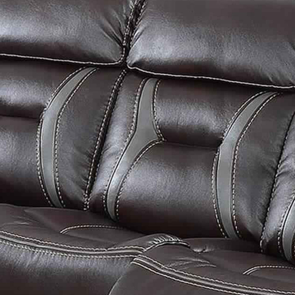 Benzara BM232636 Leather Power Motion Sofa With Contrast Stitching, Dark Brown