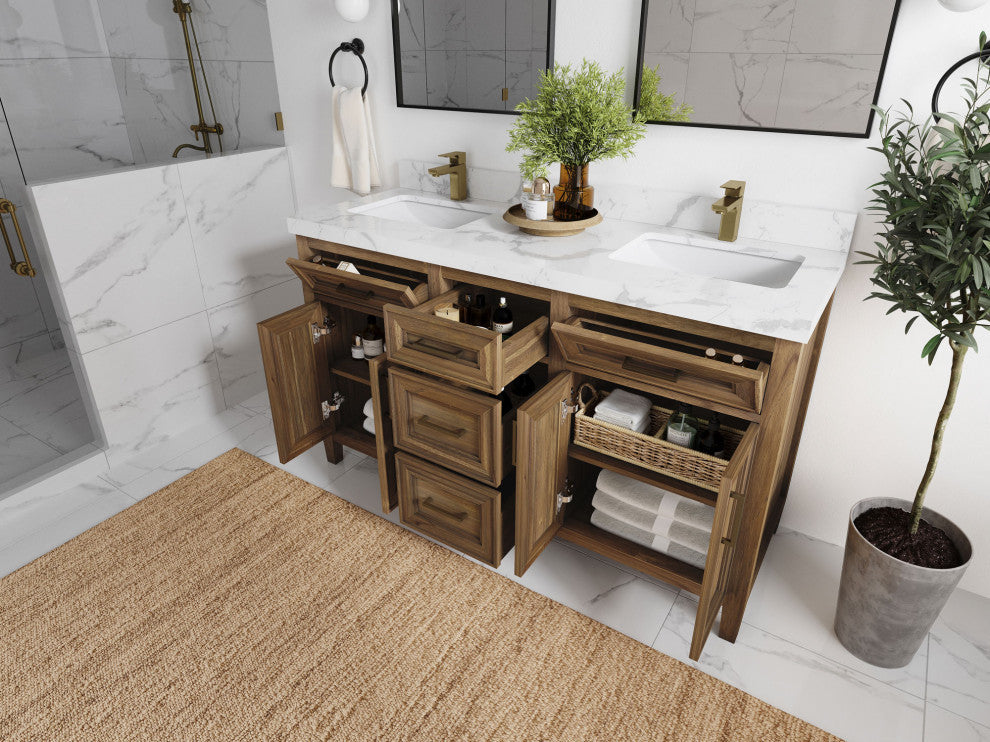 Santa Monica 60 Double Sink Bathroom Vanity in Graywashed Teak 2" Piatra Gray