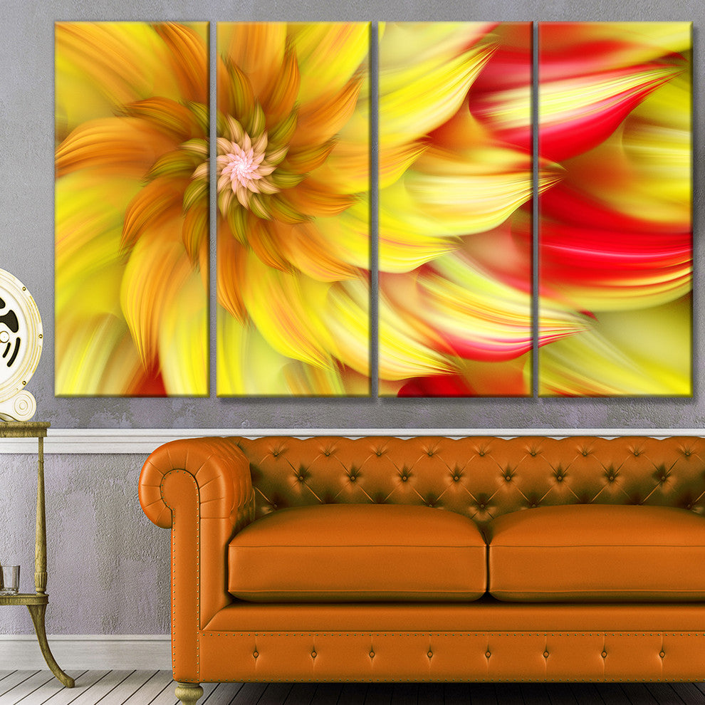 Rotating Yellow Red Fractal Flower, Floral Canvas Art Print, 48"x28", 4 Panels