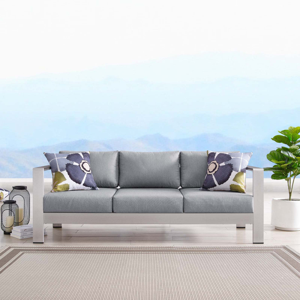 Lounge Sofa, Aluminum, Metal, Silver Gray, Modern, Outdoor Patio Bistro