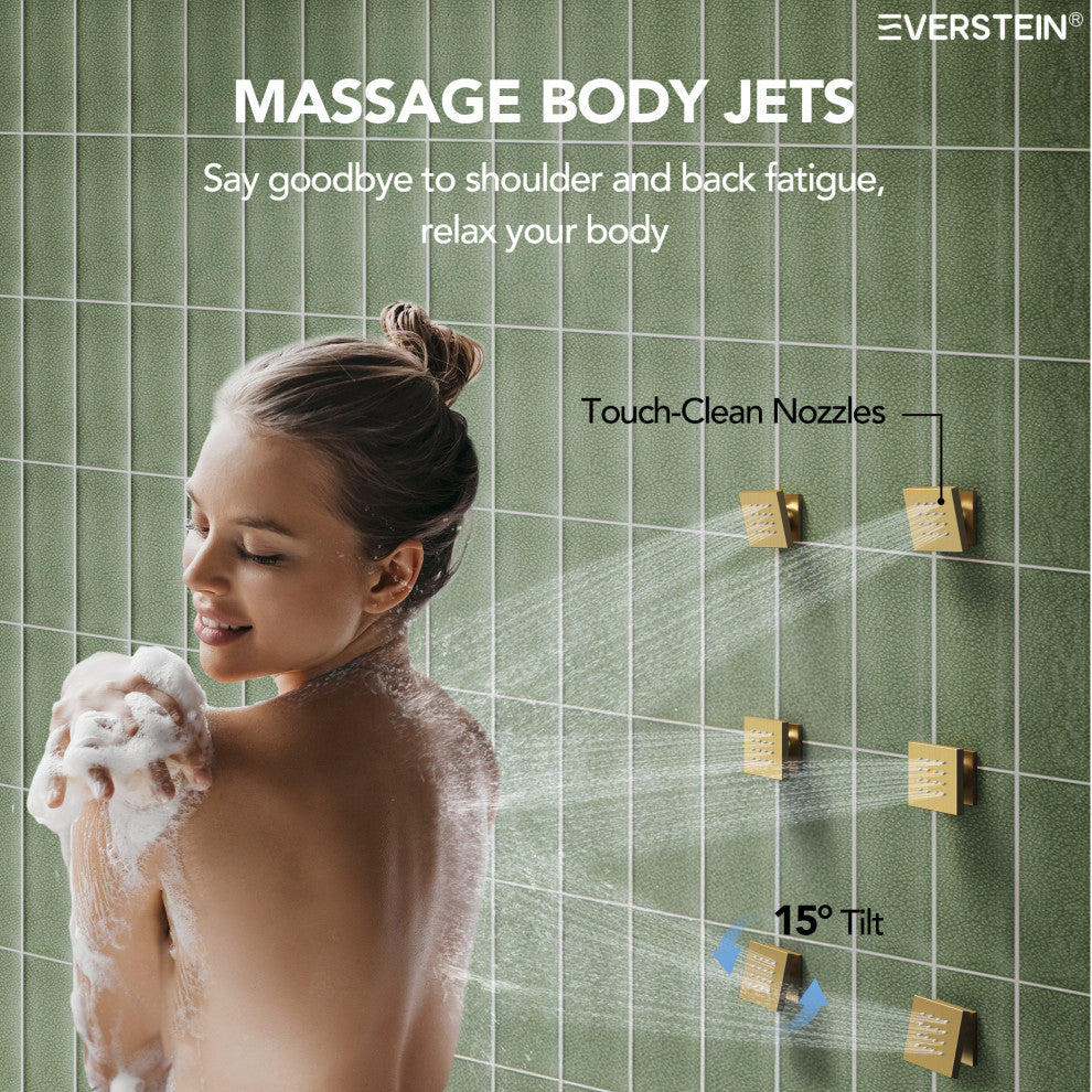 LED Temperature Digital Display Shower System With Body Jets, Brushed Gold, 12 Inches