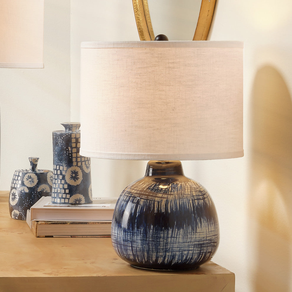 Small Batik Table Lamp, Indigo Ceramic, Drum Shade, White