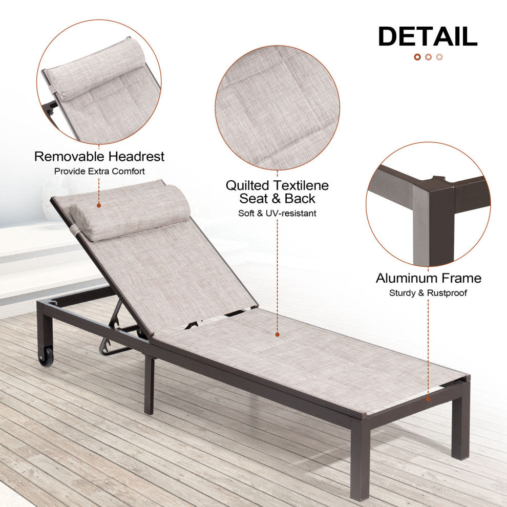 Outdoor Recliner Adjustable Quilted Chaise Lounge Chair and Table Set, Beige