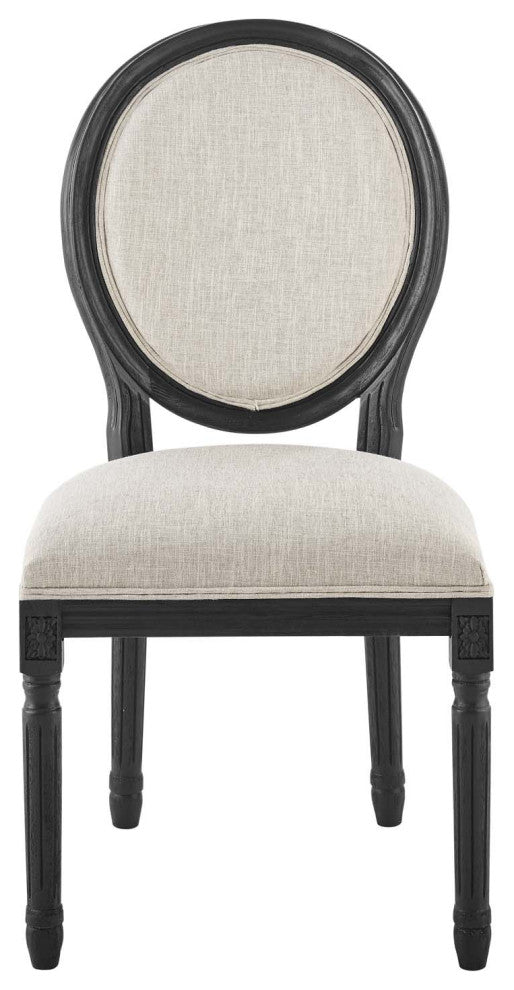 French Vintage Side Dining Chair, Fabric, Wood, Black Beige, Modern, Cafe Bistro
