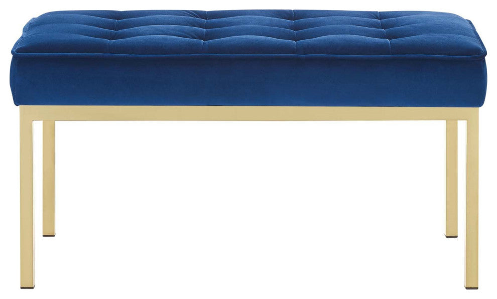 Modern Designer Lounge Accent Chair Bench, Velvet Fabric, Gold Blue Navy