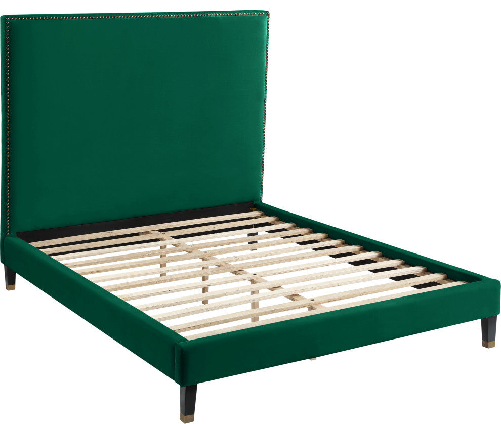 Harlie Velvet Upholstered Bed, Green, Queen