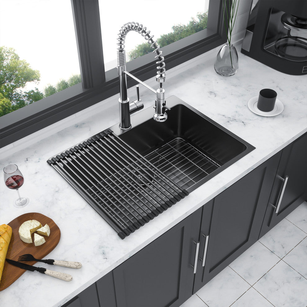 Black Stainless Steel Single Bowl Drop-In Kitchen Sink with Drain Assembly, Gunmetal Black, 33'' X 22''