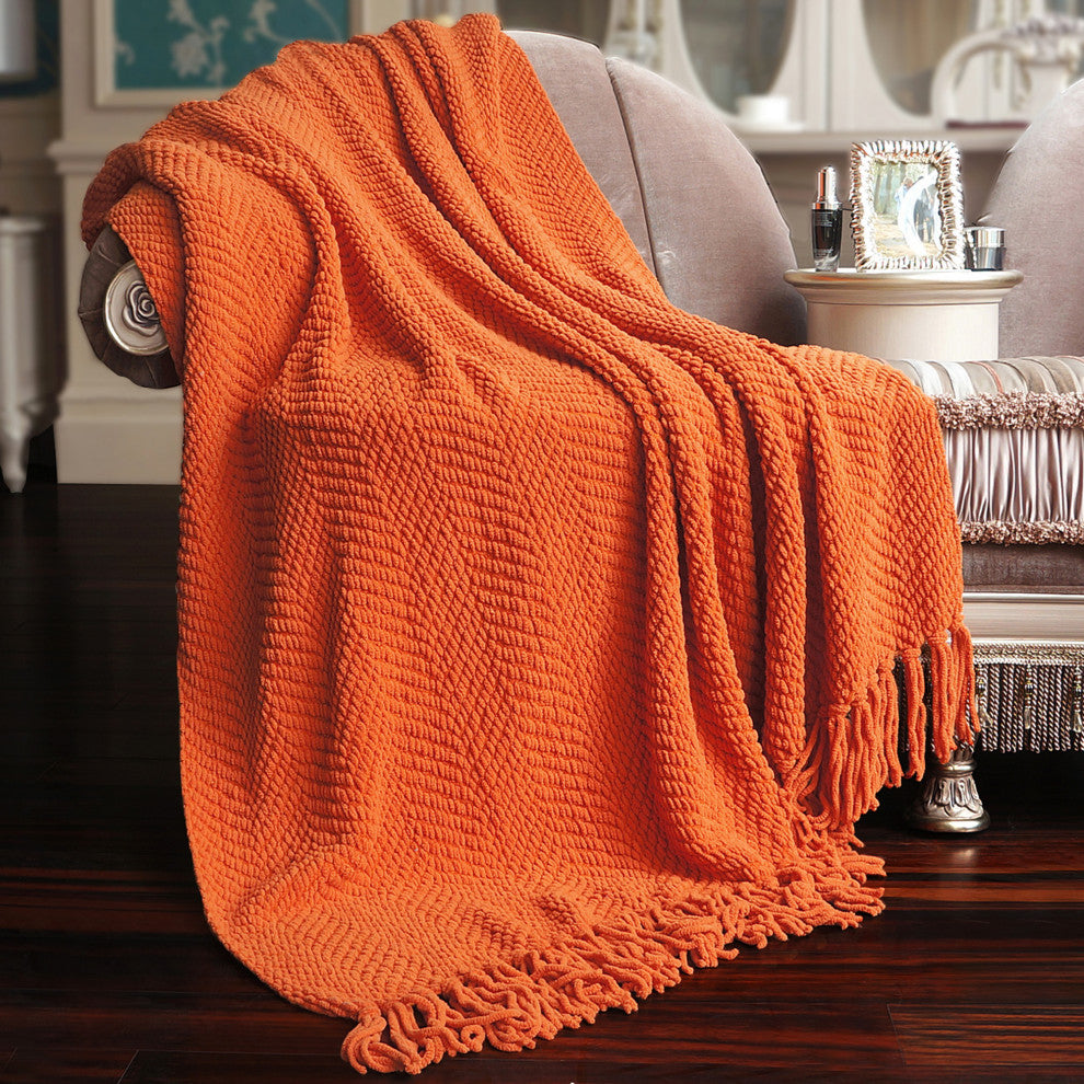 Tweed Knitted Throw Blanket, Burnt Orange, 60"x80"