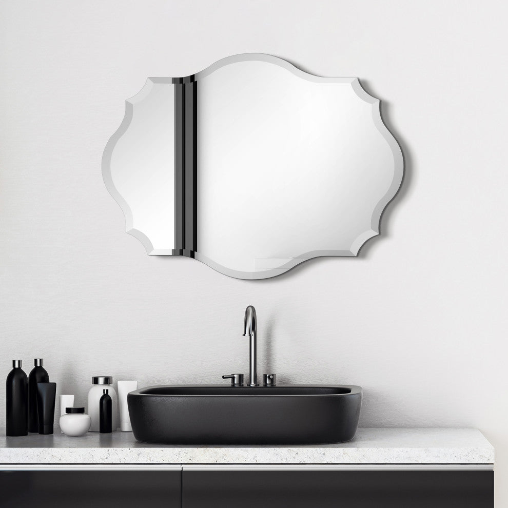Frameless Beveled Oblong Scalloped Wall Mirror, 1"-Beveled Edge, 24"x32"