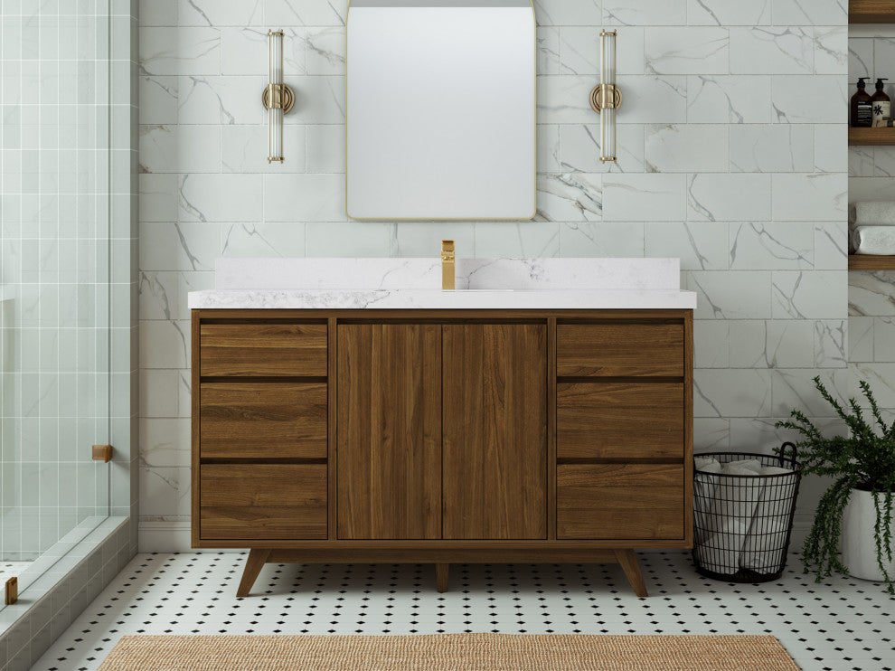 Madison Teak 60 Single Bathroom Vanity in Dark Natural 2" Calacatta Nuvo
