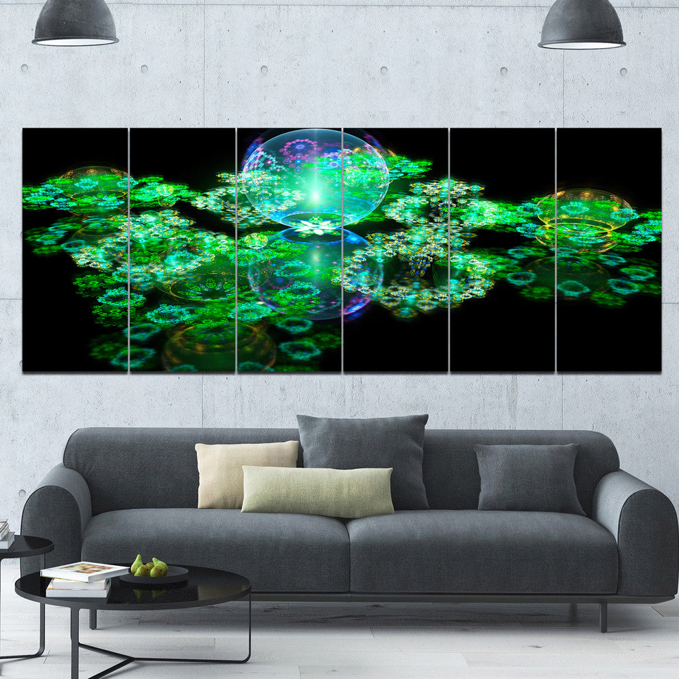 Green Water Drops on Mirror, Abstract Canvas Art Print, 70"x28", 6 Panels