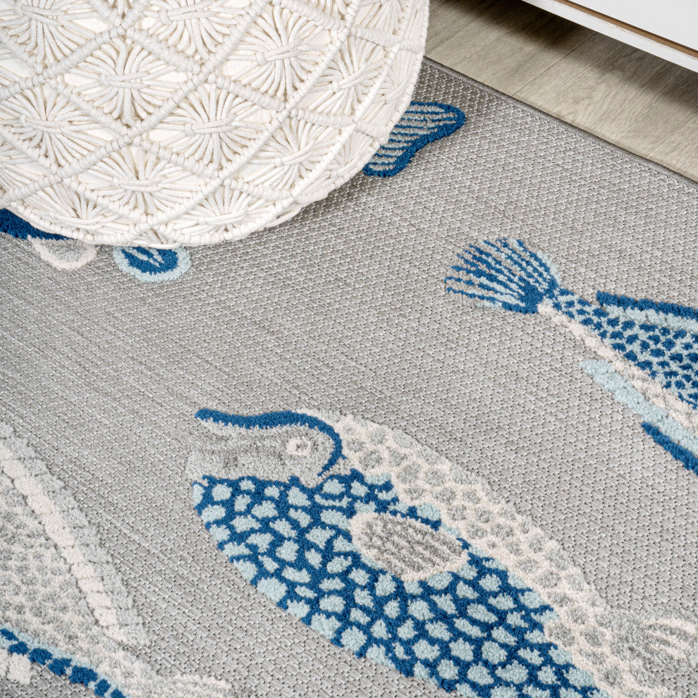 Algarve Modern Fish High-Low Indoor/Outdoor Area Rug, Gray/Navy, 5 X 8