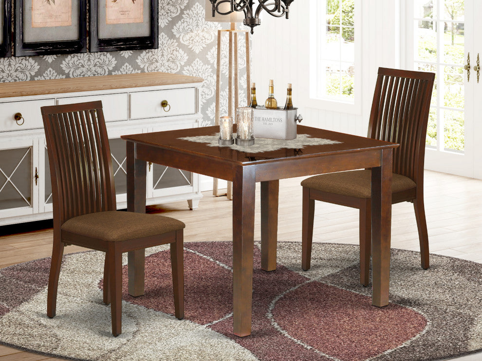 3Pc Dinette Set Includes Square Kitchen Table, Two Seat Dining Chairs, Mahogany