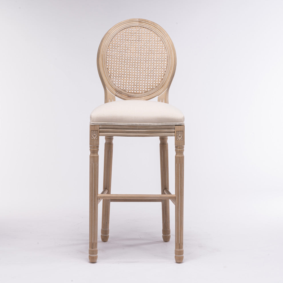 Elegant French High-Bar Chairs with Rattan Mesh Backrest and Solid Wood Frame, Cream Beige