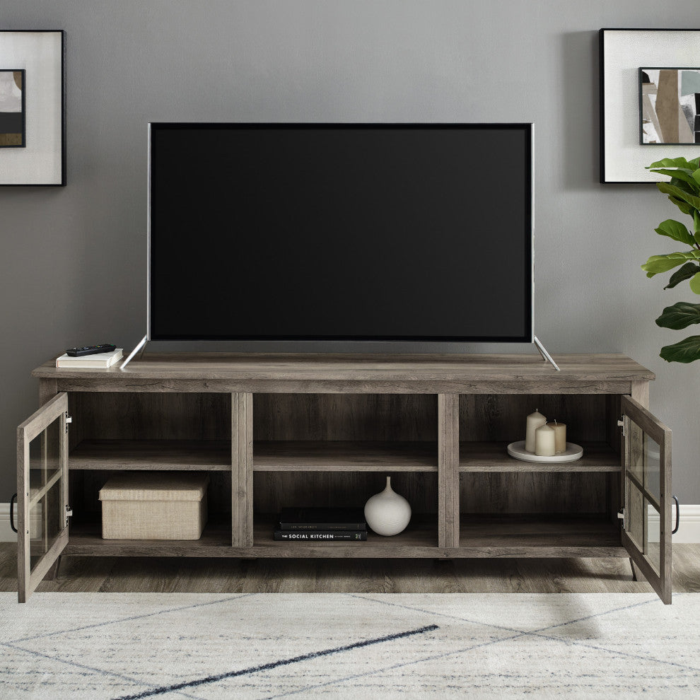 70" Farmhouse Wood TV Stand With Glass Doors, Gray Wash