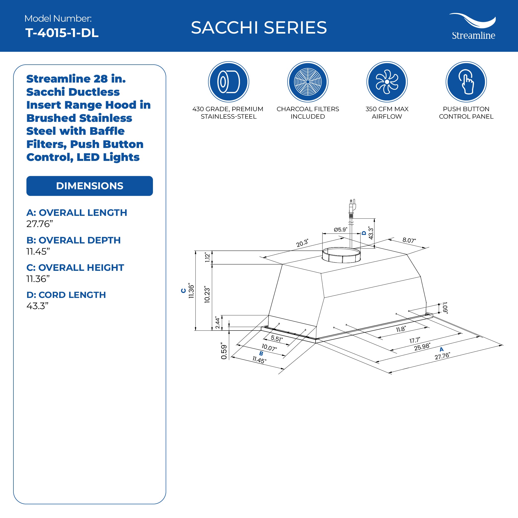 Streamline 28" Sacchi Ductless Insert Range Hood, Stainless Steel