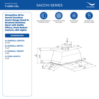 Streamline 28" Sacchi Ductless Insert Range Hood, Stainless Steel