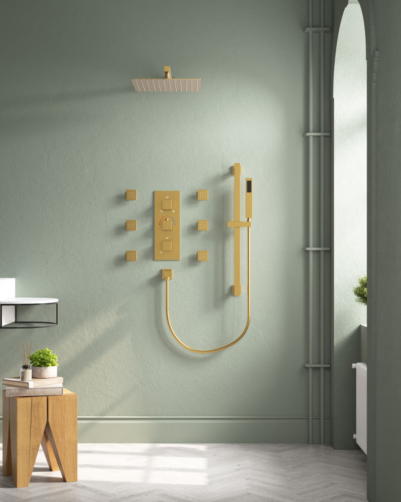 Thermostatic Shower Faucet 12" Rain Shower Head with Handheld Slide Bar System, Brushed Gold