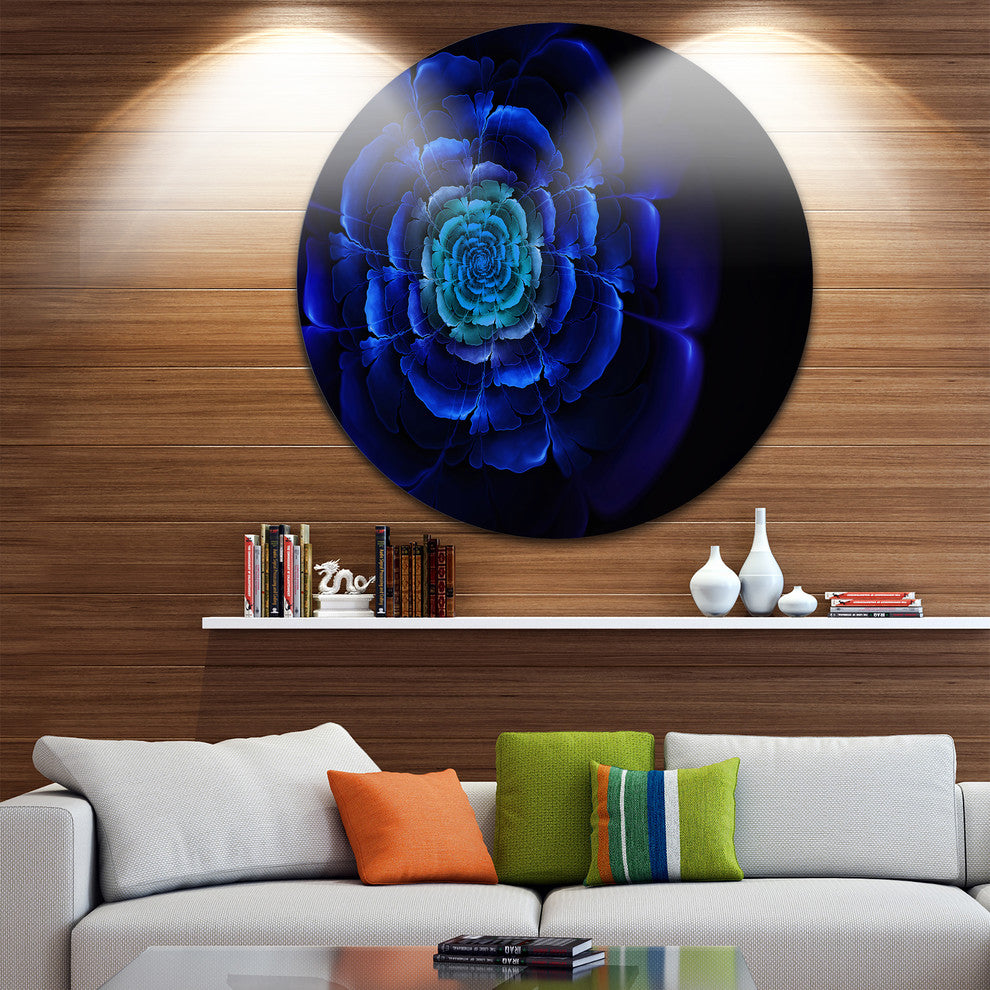 Fractal Silver Blue In Dark, Floral Abstract Round Metal Wall Art, 23"