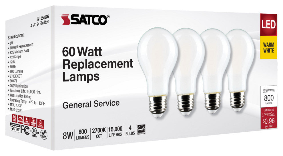 8W A19 LED, Soft White, 2700K, Medium Base, 120V, 4-Pack
