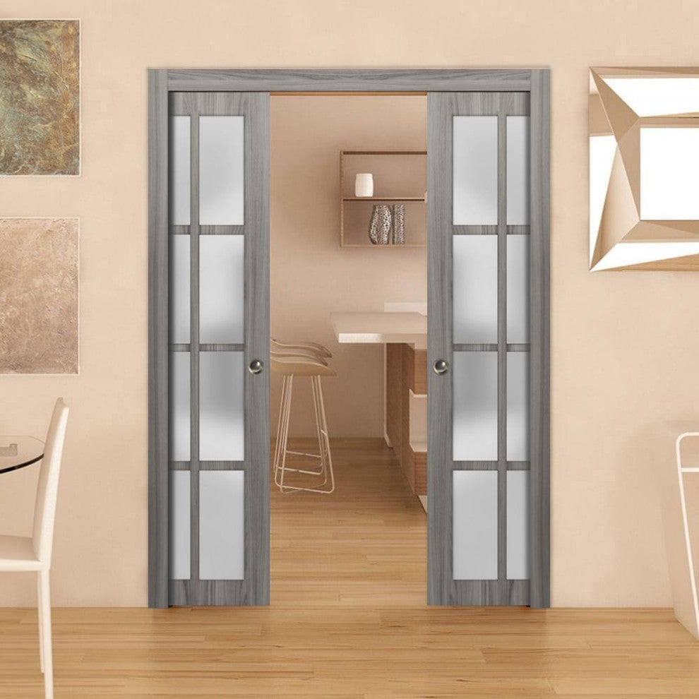 Interior Double Pocket Doors Frosted Glass |Felicia 3312 Ginger Ash Grey 60x84