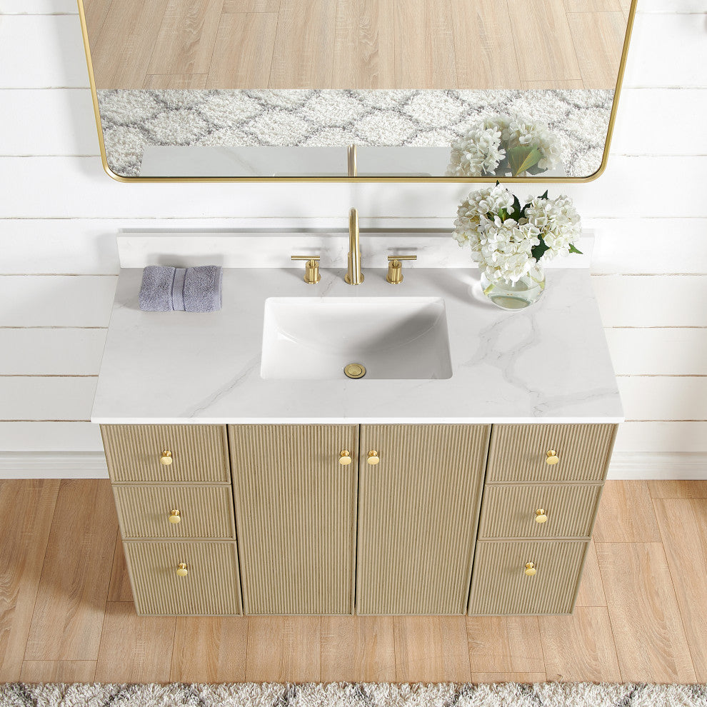 Oza Bath Vanity with Quartz Stone Top, Aged Natural Oak, 48", Single Vanity, With Mirror